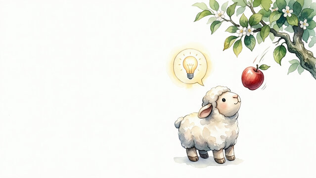 Watercolor-style illustration depicts a sheep seeing an apple fall from a tree and having an epiphany, symbolizing Newton's law of universal gravitation, inspiration, and discovery.
