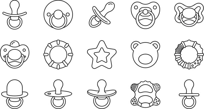 Baby Pacifier and Infant Teether Ring Soother Accessory Line Icon Vector SetBaby Pacifier and Infant Teether Ring Soother Accessory Line Icon Vector Set