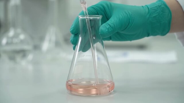 Scientist hand in green glove holding Erlenmeyer flask with pink liquid in a professional laboratory for medical research and pharmaceutical testing concept