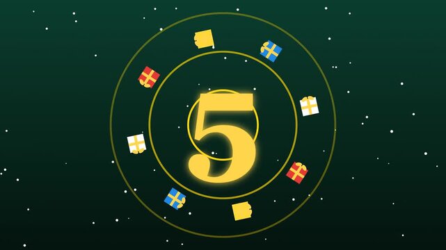 Vibrant holiday celebration background featuring a glowing number five in the center with festive gift icons and sparkling elements on green