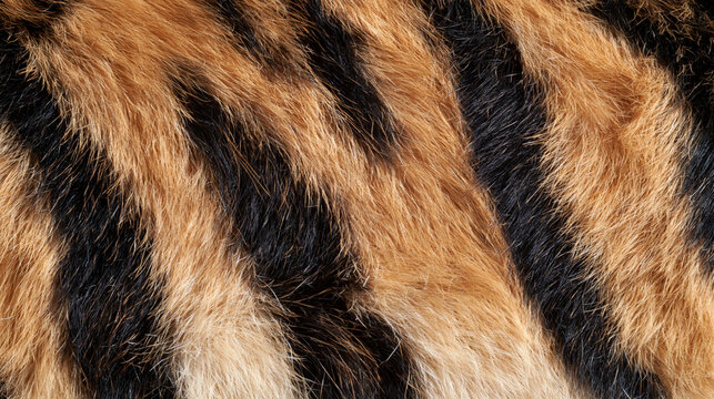 A detailed texture of tiger fur featuring contrasting orange and black stripes. This wild animal skin pattern is ideal for nature or wildlife design projects.