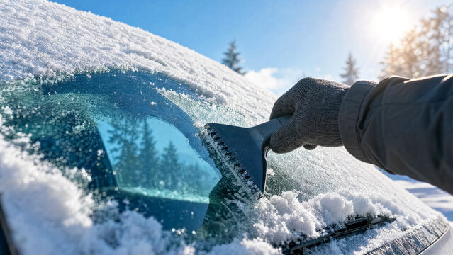Gloved hand scraping ice and snow from car windshield using plastic scraper on sunny winter morning