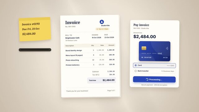 Invoice, payment card, and receipt animate into view as a digital bill is paid on a beige background