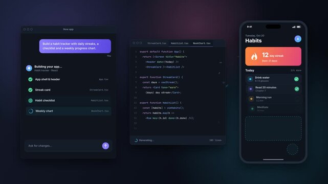A habit tracking app is generated from a text prompt across desktop coding windows and a mobile preview