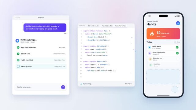 Habit tracking app interface builds from code into a completed mobile dashboard on a clean pastel background
