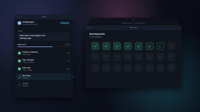 Dark software interface illustrates a coding agent editing, testing, and deploying a web application before fading away