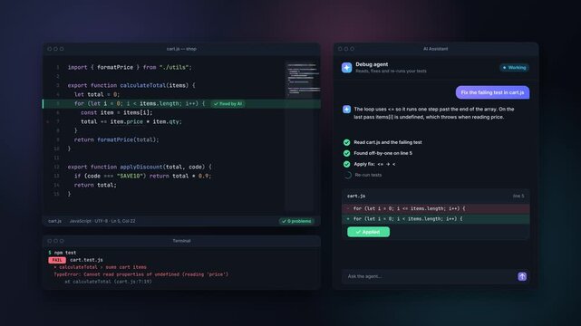 Code editor and debugging assistant correct a JavaScript loop until tests pass on a dark desktop interface