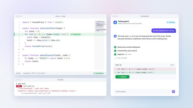 Code editor and debugging assistant display a JavaScript fix and passing tests