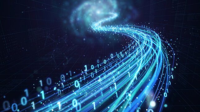 Flowing blue light trails with binary code, representing data transfer and digital networks, symbolizing technology and connectivity