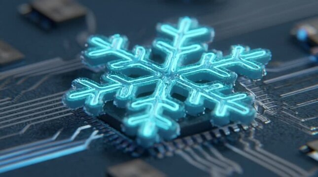 Close Up View of Glowing Digital Snowflake on Complex Tech Circuit Board (AI Generated)