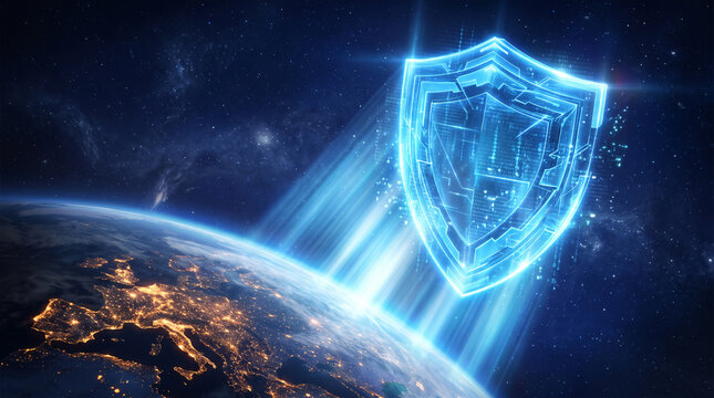 Futuristic glowing shield over planet Earth, with binary code pattern, representing digital security and global protection, conceptual.
