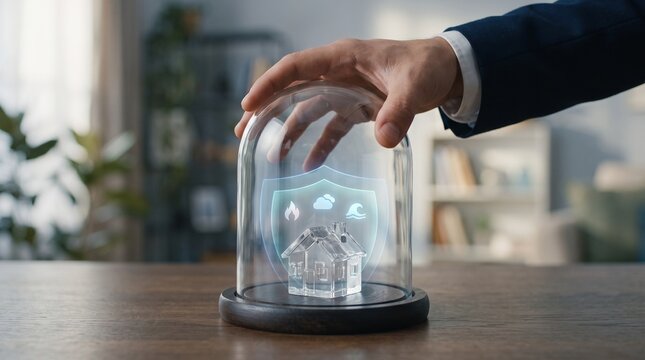 Hand protecting house under glass dome with insurance shield icons fire cloud wave PNG Isolated on transparent background