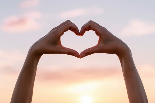 The Heart Shaped Hands Framing Sunset Horizon In Warm Evening Light