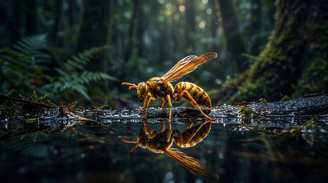 Macro photo of a yellow jacket wasp resting near water, detailed insect reflection on puddle surface, rainforest wildlife environment