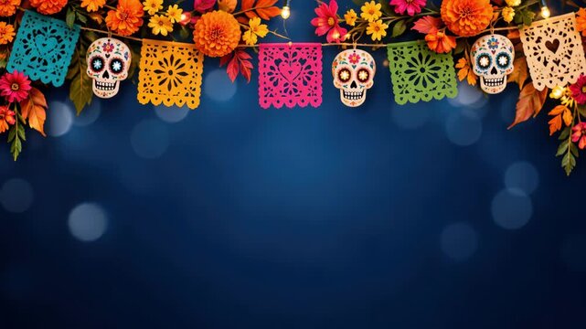 Papel picado beneath a marigold garland for dia de los muertos, painted calavera ornaments with pink green yellow cut paper flags above a blue greeting field with copy space