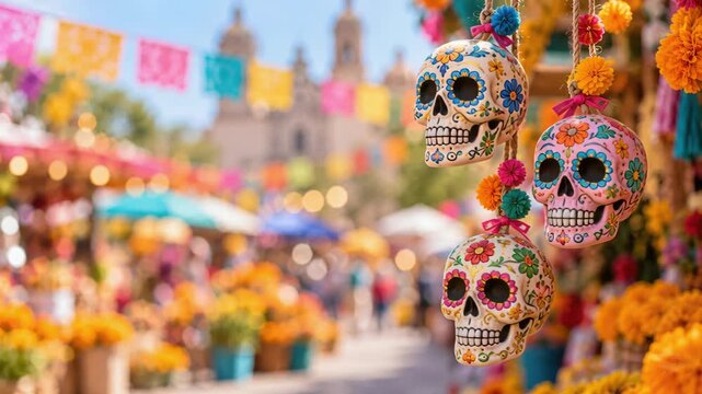 Floral calaveras hanging with colorful pompoms at a day of the dead market, painted folk craft skull ornaments on strings beneath papel picado beside cempasuchil street decorations copy space