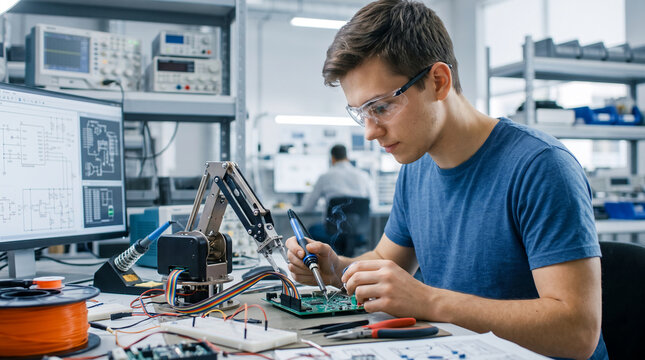 Man in safety glasses soldering electronic circuit board, showcasing meticulous engineering and technological innovation, representing technical skill and invention