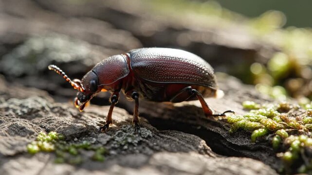 Detailed Macro Shot of a Reddish-Brown Beetle on Bark