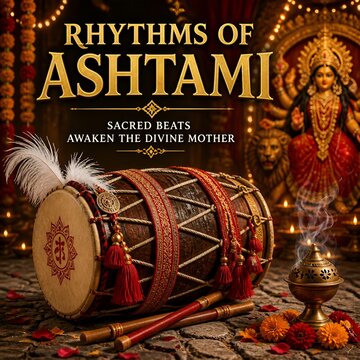 Rhythms of Ashtami Durga Puja celebration banner with decorative dhak drum and kash grass