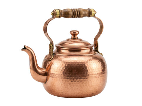 Vintage copper tea kettle with wooden handle on transparent background