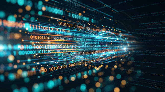Abstract digital stream of binary code with glowing orange and teal particles, representing data flow and technology
