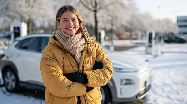 Young woman with a neat French braid posing beside her white electric crossover while it charges in a quiet snow-covered parking area, wearing a mustard yellow puffer jacket,