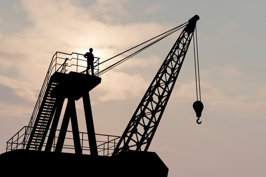 3D industrial crane silhouette with worker and hanging hook at sunset sky