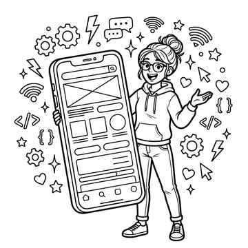 Woman with smartphone app wireframe sketch outline