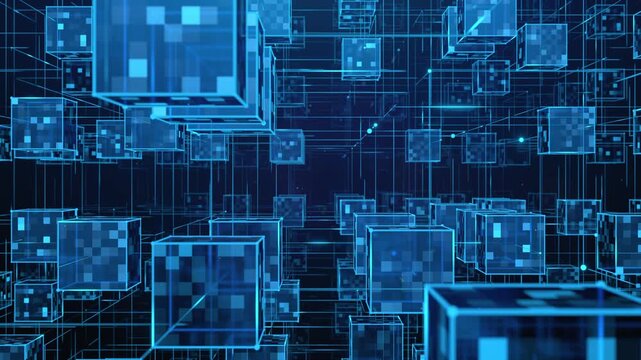 Abstract Animation Loop of Blockchain Cubes Connected by a 3D Network Grid on a Blue Background. DeFi tech, blockchain technology and distributed cryptocurrency fintech solution animated concept.