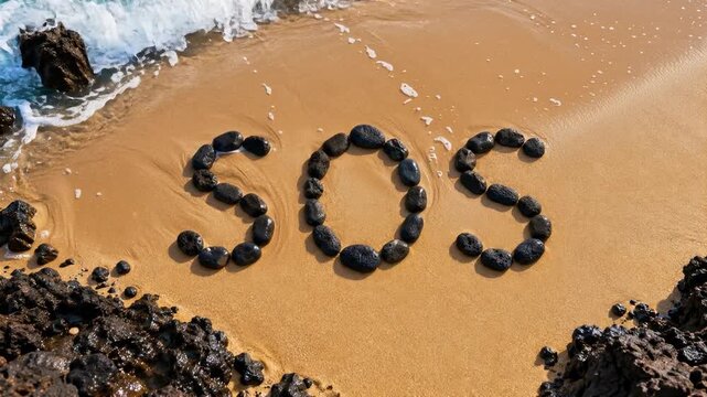 SOS message made from stones remains on beach as waves wash across the sand