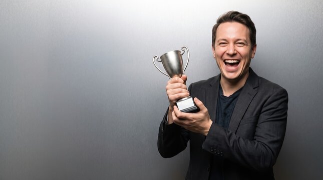 Joyful man celebrating success with trophy