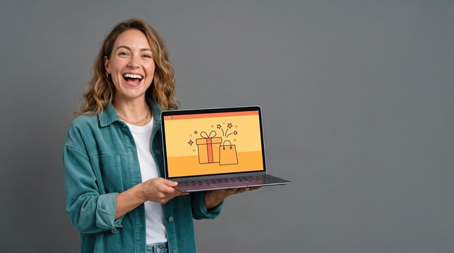 Happy woman shows online gift promotion