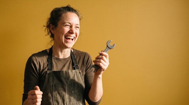 Joyful Woman in Apron Holds a Wrench