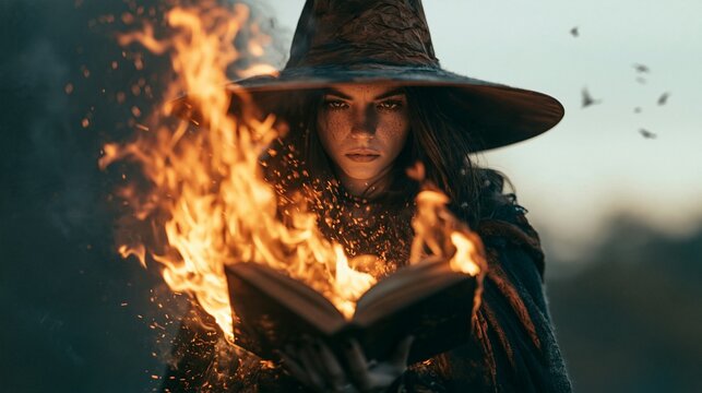 Halloween Holiday Theme. a woman, likely a witch, in a dramatic setting. She wears a widebrimmed witchs hat and cloak, and her face is illuminated by the warm glow of a book engulfed in flames.