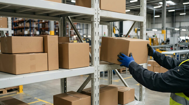 Warehouse worker lifting cardboard boxes on metal shelving unit logistics facility
