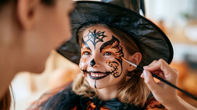 Halloween Holiday Theme. a young girl with her face painted like a witch. She wears a black witchs hat and a black and orange costume with a black ribbon.