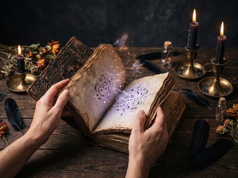 Person reads an old magic book with sparkles
