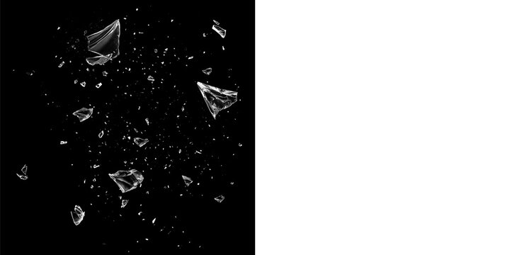Broken Glass fragments scattered across a wide black field, with isolated sharp shards, fine particles and a dispersed shattering effect for action graphics, cinematic overlays and visual effects
