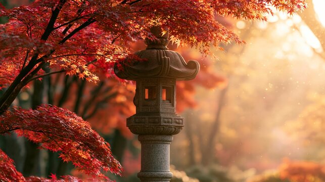 a serene autumn scene features a traditional Japanese lantern in the foreground. The lantern is intricately designed with a pointed roof and a small window at its base.