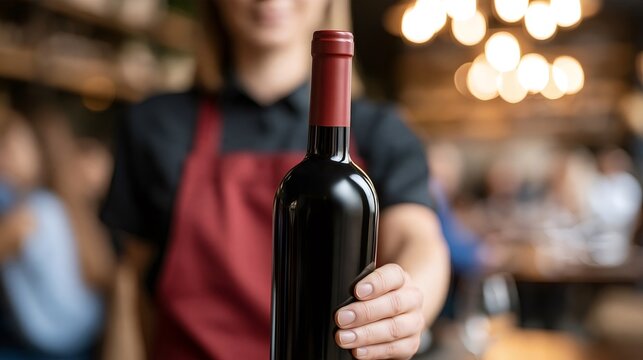 Restaurant server in a red apron presenting a bottle of red wine to diners, with warm pendant lights and softly blurred guests creating an inviting hospitality setting