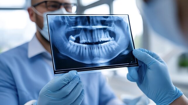 Dentist wearing blue gloves, holding a panoramic dental x ray and examining teeth alignment in a modern clinic, supporting oral health assessment, treatment planning, and orthodontic care