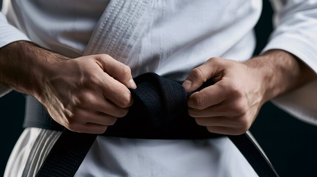 Martial artist in a white karate gi, tightening a black belt around the waist, conveying discipline, focus, rank, and dedication to martial arts training
