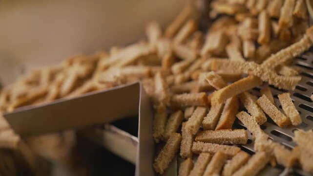 Crispy bread rusks or croutons moving on a production line. Close up shot of food manufacturing process in a bakery or factory. Automated machinery sorting snack food