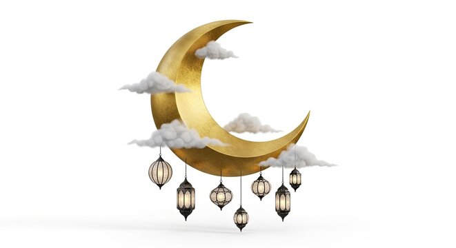 A golden crescent moon floats against a white background, adorned with fluffy clouds. Several ornate lanterns dangle beneath the moon, casting a warm glow.