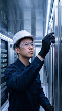 Asian male technician in hard hat and safety glasses inspecting server racks in a data center