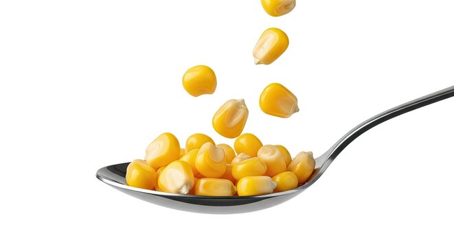 A spoon filled with kernels of corn is pouring corn onto a white surface. The corn kernels are bright yellow and appear fresh.