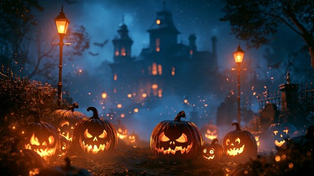 Halloween Holiday Theme. a spooky Halloween scene. The main subject is a group of carved pumpkins illuminated by a warm, golden light.