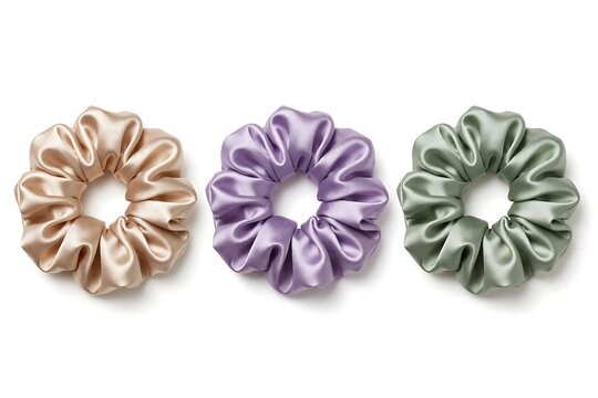 Three silk scrunchies in beige, purple, and green colors isolated on white background
