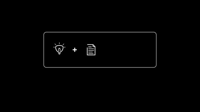 Minimalist monochrome white line animation on black background showing light bulb plus plan document equals rocket launch inside an outline box, followed by Turn Ideas Into Reality text in a seamless