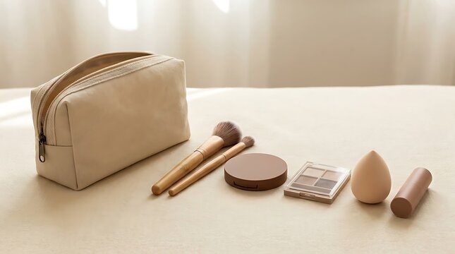 Beige cosmetic makeup bag with beauty tools and brushes arranged on a soft bright bedroom surface. beginner makeup tips